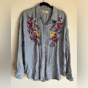 Hollister Women’s Blue and White Striped Button Up
